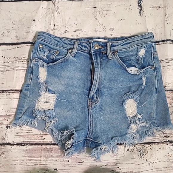 Almost Famous High Waist Distressed Cut Off Light Blue Denim Jean Shorts Size 9 - Picture 1 of 16